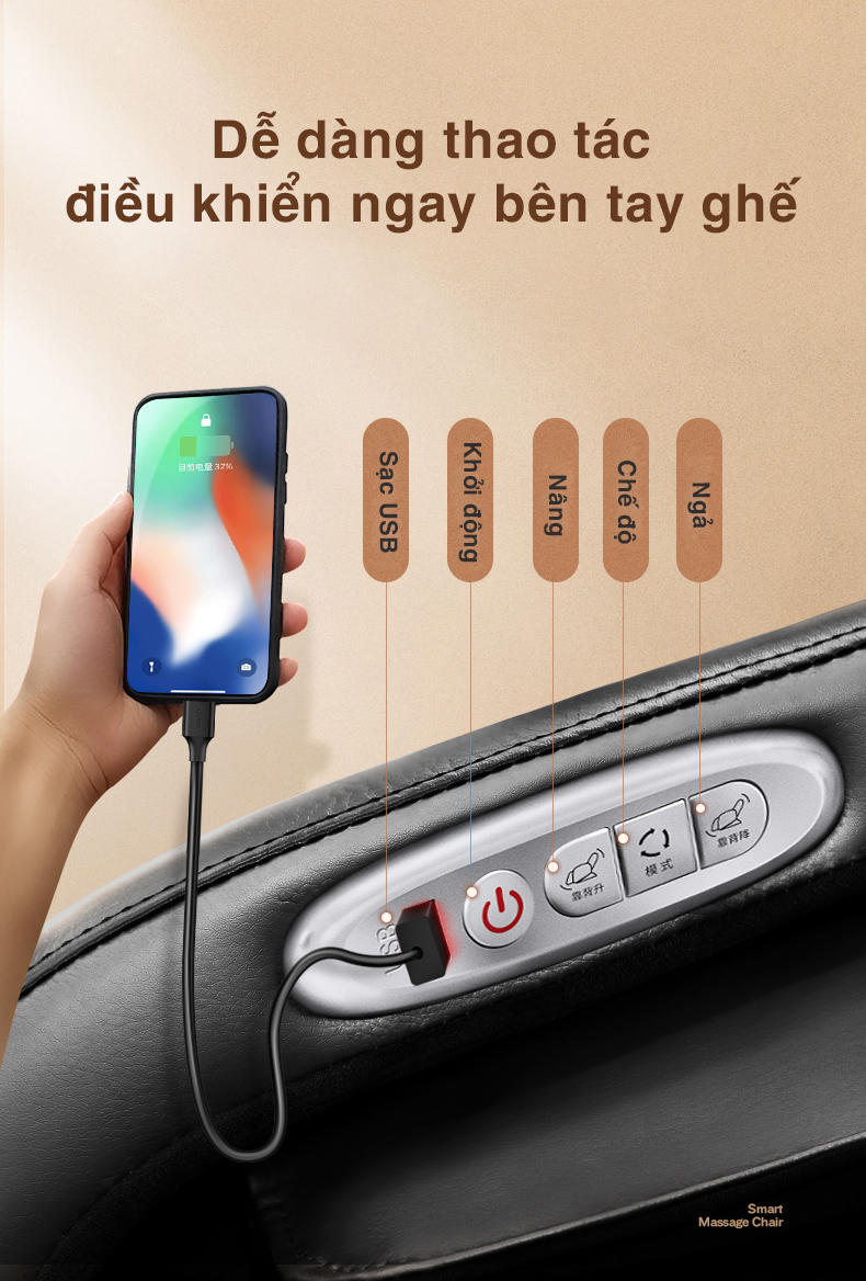 Sạc USB ghế massage và điều khiển nhanh bên tay ghế